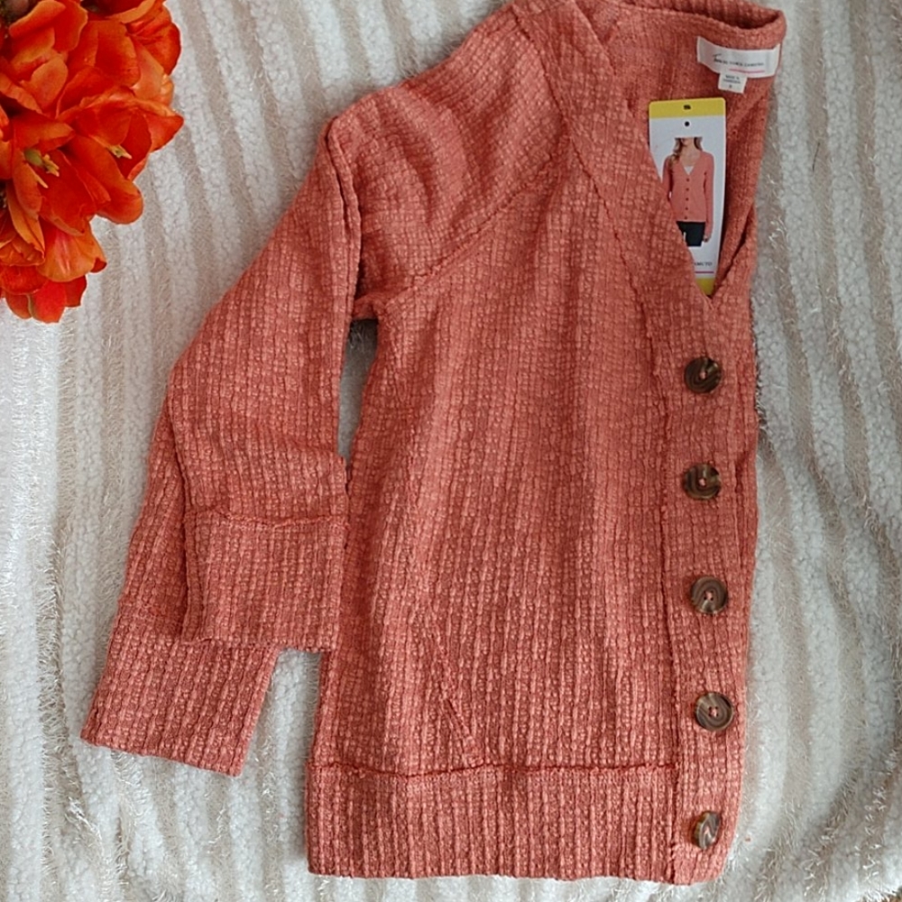 NEW Two by Vince Camuto Cardigan Sweater Slub Knit Pink Coral Textured Ladies S - Picture 2 of 11